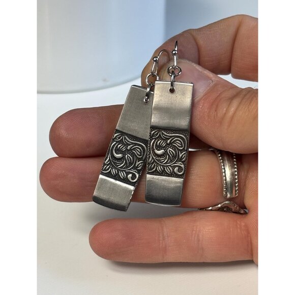 Handmade Earrings Upcycled Silverware: Vines Leaves Stainless Steel Drop Earring - Picture 2 of 6